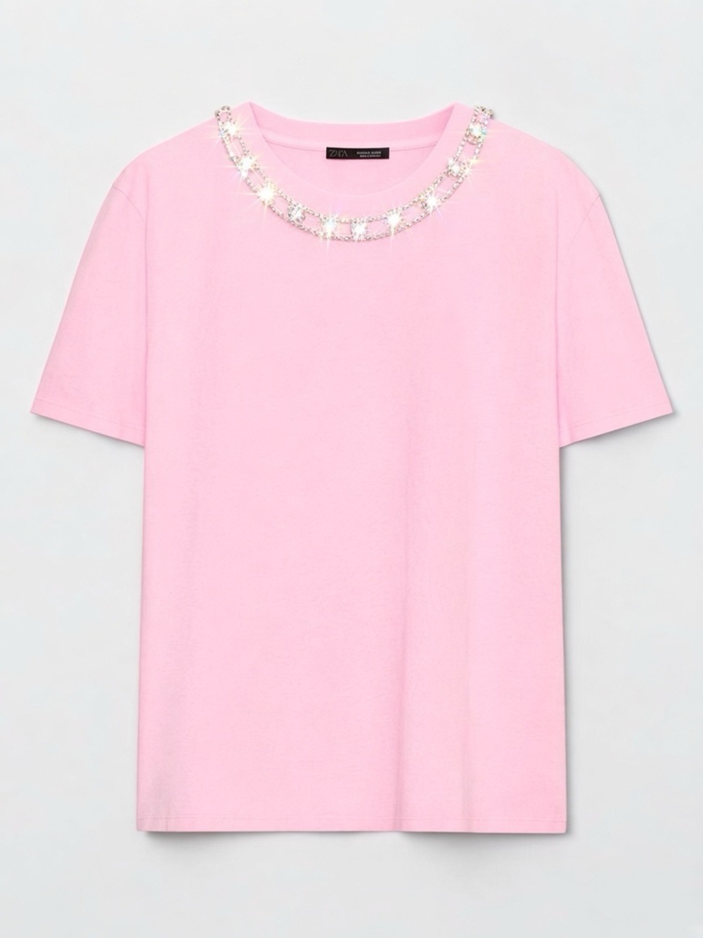 Zara Pink Rhinestone Crystal Embellished Neckline T Shirt Size Small NWT